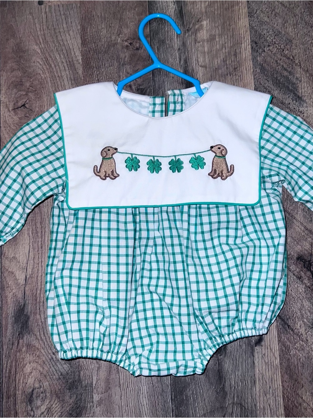 Green Gingham Baby Bib Romper with Shamrock & Puppy Embroidery